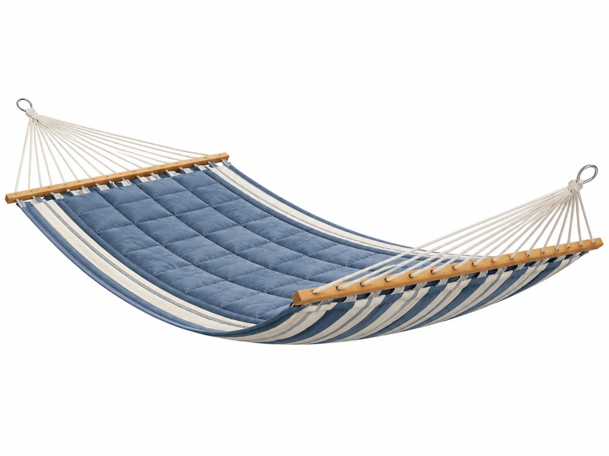 Amaca imbottita 300 x 140 cm in tessuto blu e bianco con barre in legno per giardino