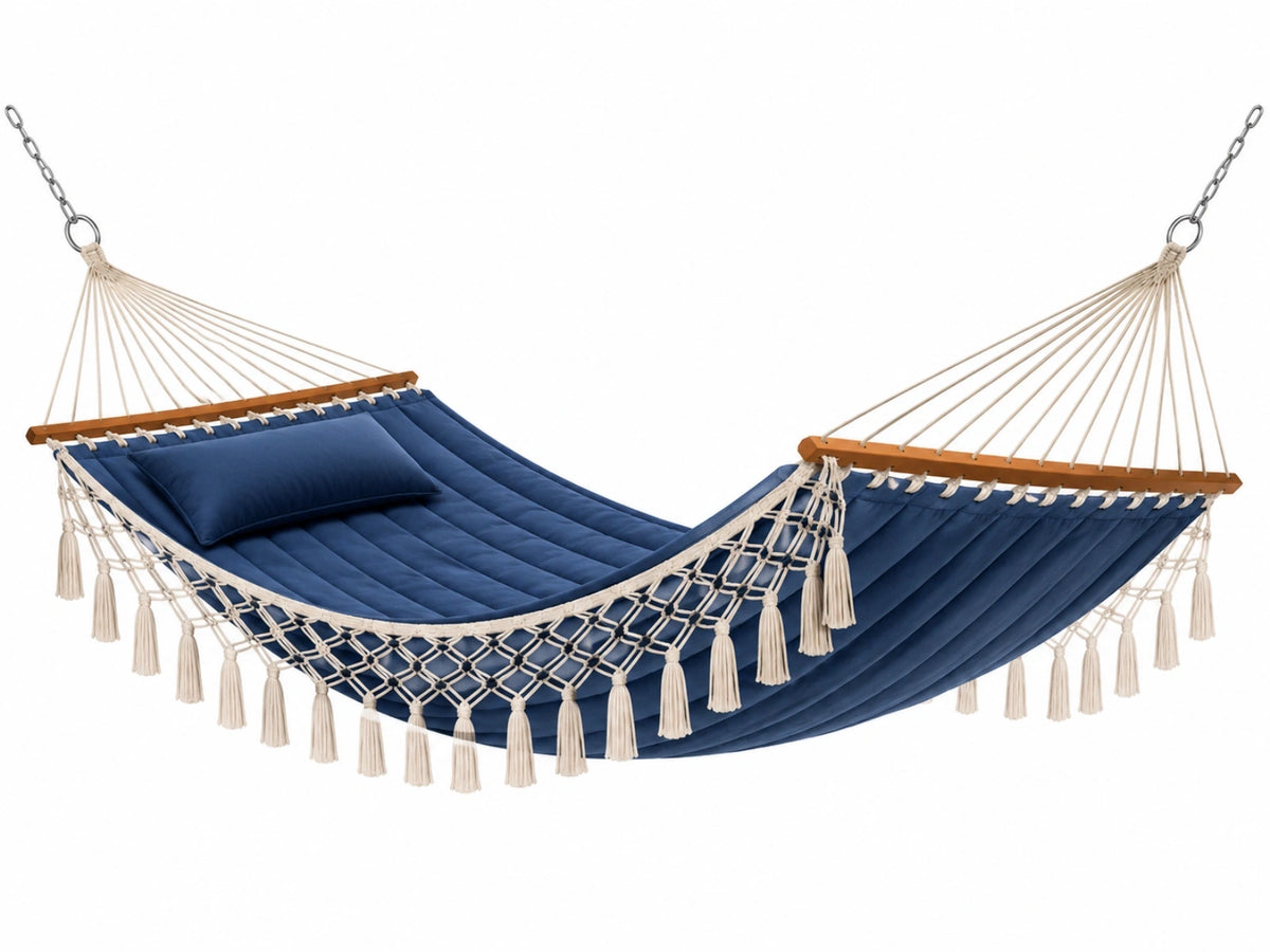 Amaca sospesa 200 x 120 cm in tessuto blu con barre in legno stile bohemien