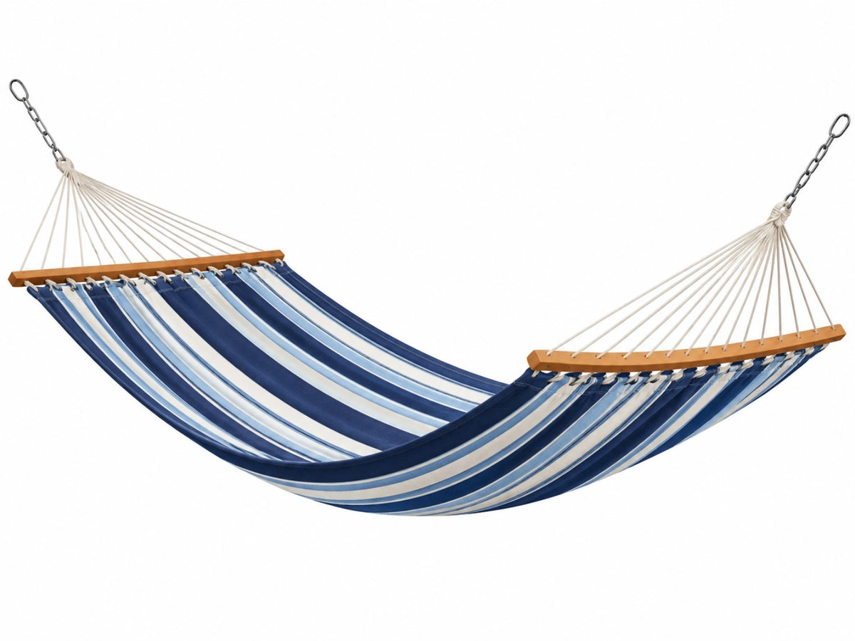 Amaca 300 x 140 cm in tessuto blu a righe con barre in legno per esterno