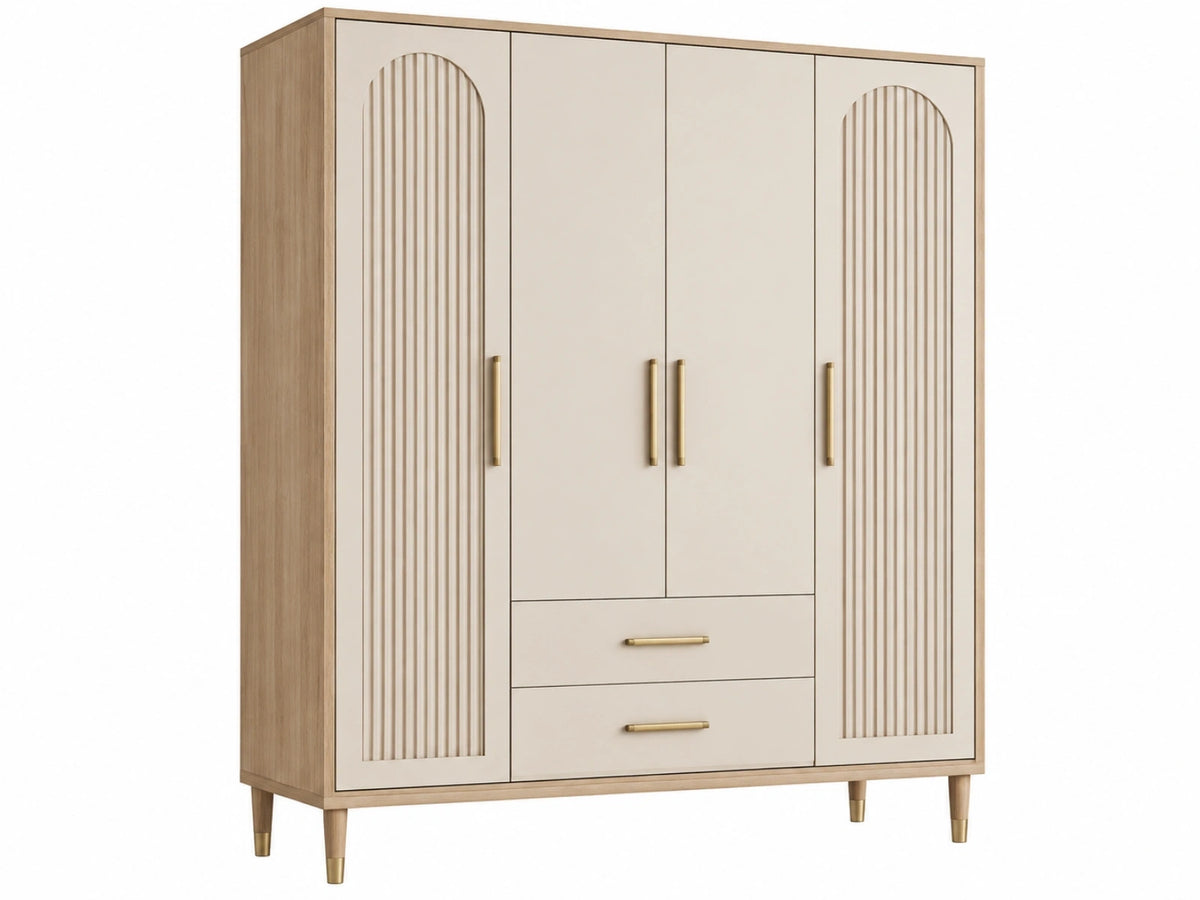 Armadio guardaroba 160 x 55 x 200 cm effetto legno rovere e avorio con 4 ante e 2 cassetti stile moderno