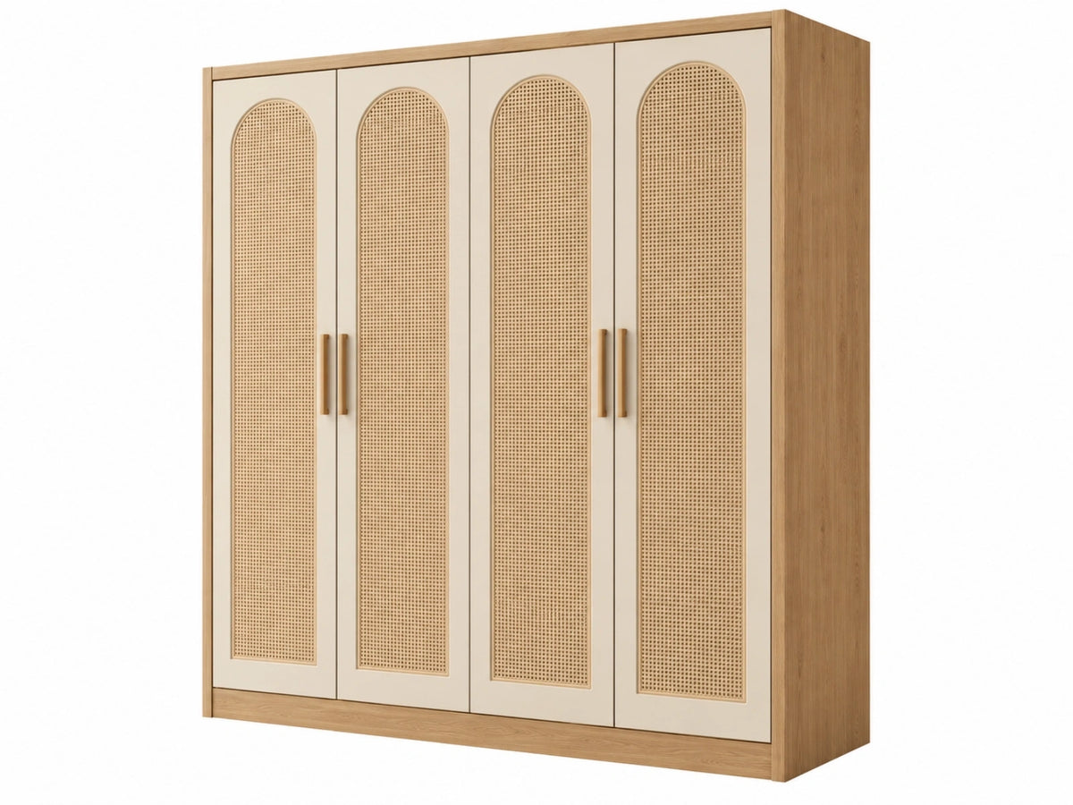 Armadio guardaroba 200 x 60 x 220 cm in legno beige e naturale con 4 ante stile boho