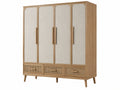 Armadio guardaroba 160x55x200 cm in legno naturale e tessuto beige - 4 ante e 3 cassetti stile nordico