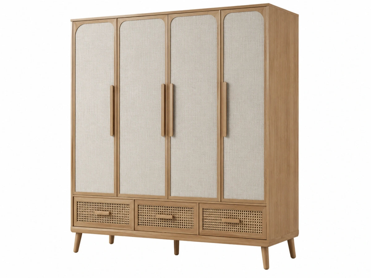 Armadio guardaroba 160x55x200 cm in legno naturale e tessuto beige - 4 ante e 3 cassetti stile nordico