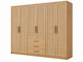 Armadio guardaroba 240x60x220 cm in legno naturale e rattan con 6 ante e 3 cassetti stile boho
