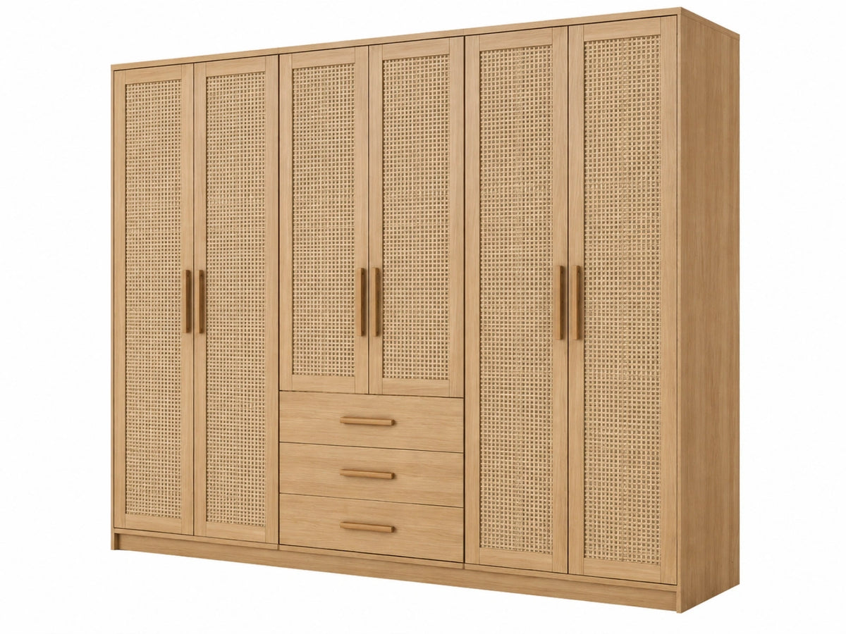 Armadio guardaroba 240x60x220 cm in legno naturale e rattan con 6 ante e 3 cassetti stile boho