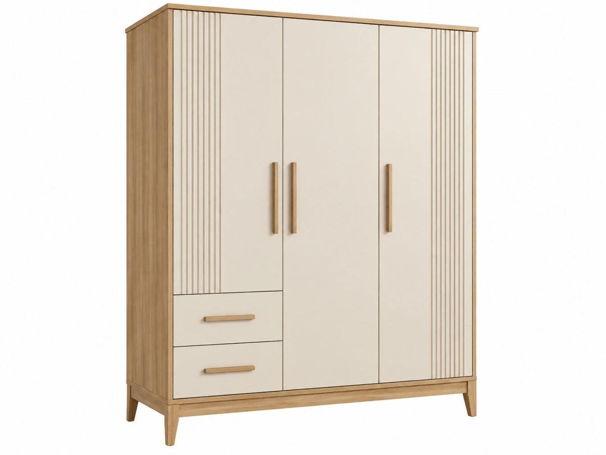 Armadio 120 x 55 x 200 cm in pannelli effetto legno beige/naturale con 3 ante e 2 cassetti stile moderno