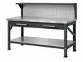 Banco da lavoro 152 x 61 x 155 cm in acciaio inox e metallo nero con due cassetti e pannello forato
