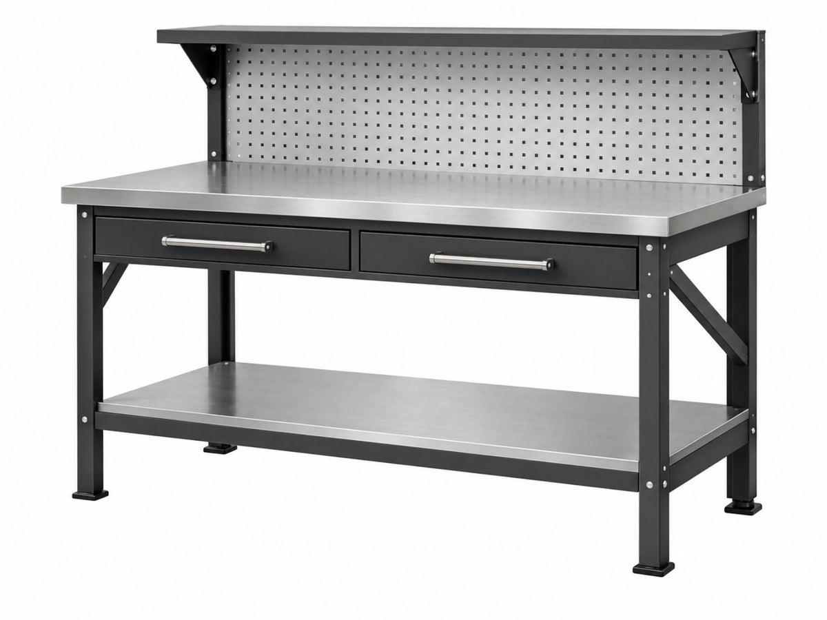 Banco da lavoro 152 x 61 x 155 cm in acciaio inox e metallo nero con due cassetti e pannello forato