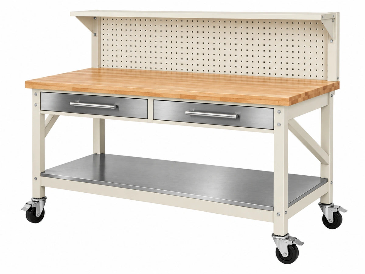 Banco da lavoro 152 x 76 x 145 cm in legno e acciaio bianco con cassetti ruote e pannello portautensili