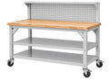 Banco da lavoro 152 x 61 x 160 cm in acciaio grigio e legno con ruote e pannello portautensili