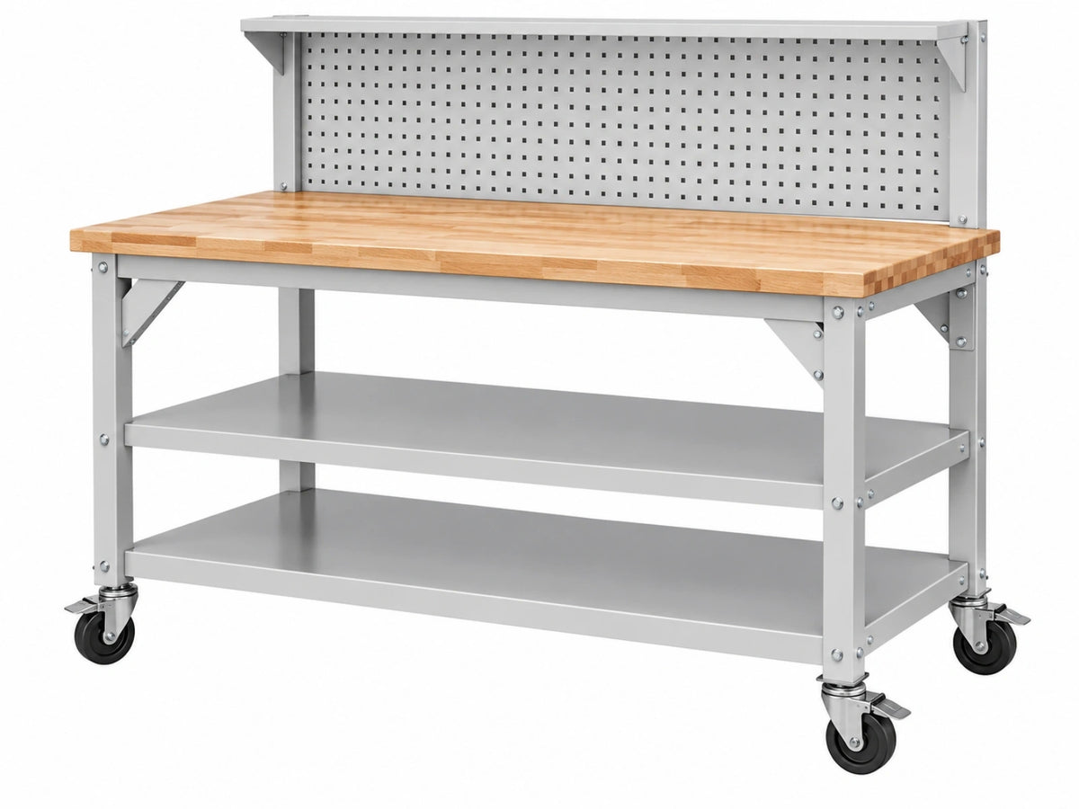 Banco da lavoro 152 x 61 x 160 cm in acciaio grigio e legno con ruote e pannello portautensili