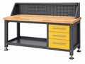 Banco da lavoro 160 x 60 x 150 cm in legno e acciaio nero giallo con 3 cassetti e pannello portautensili
