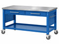 Banco da lavoro 152 x 61 x 94 cm in acciaio blu con piano inox e ruote