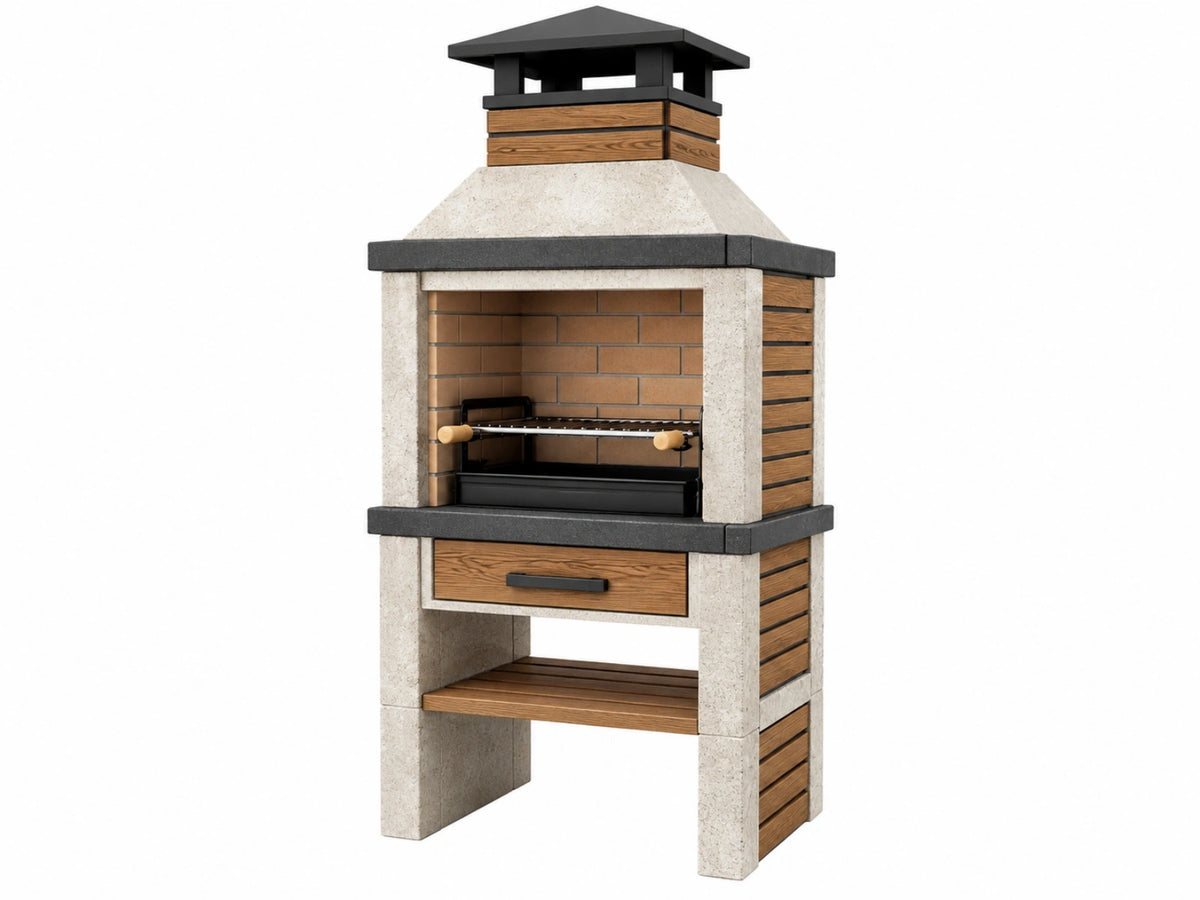 Barbecue da giardino 100 x 70 x 220 cm in pietra e acciaio nero con griglia a carbone