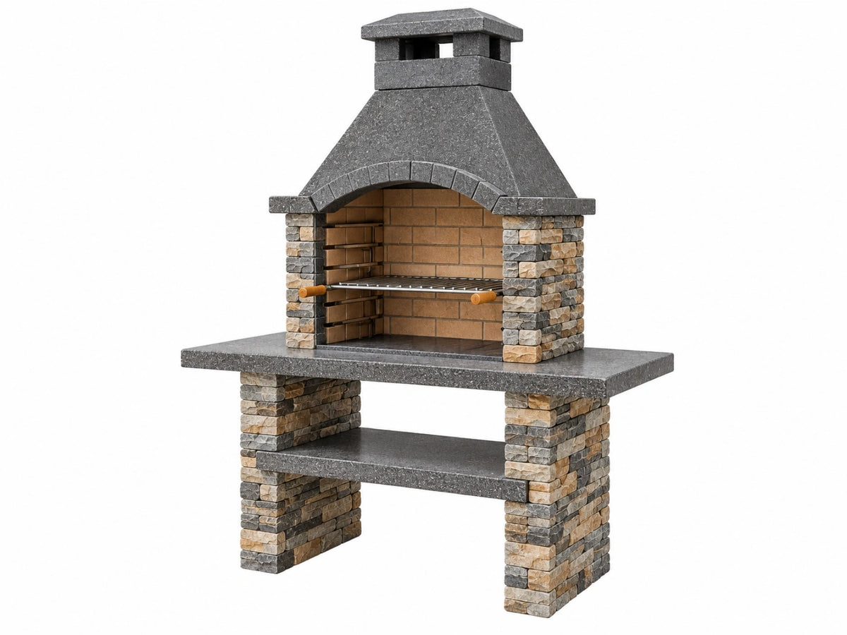 Barbecue da giardino 120 x 70 x 210 cm in cemento e pietra grigio beige con griglia regolabile