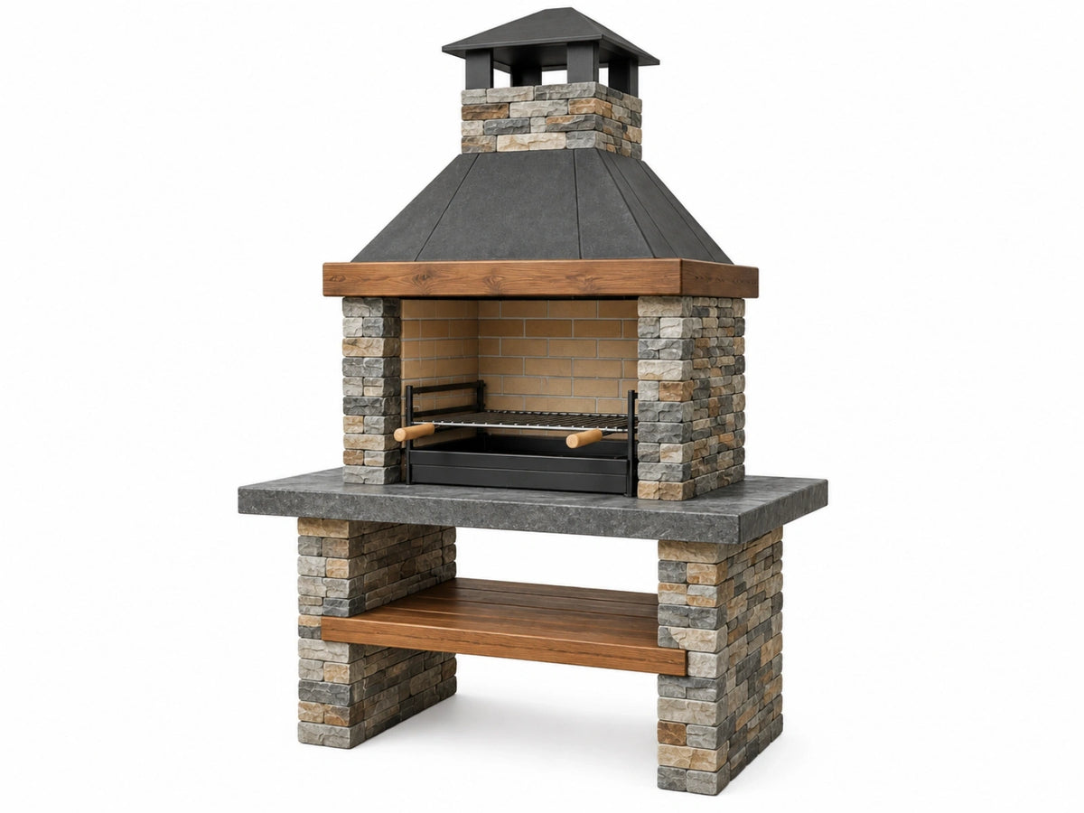 Barbecue da esterno 120 x 80 x 220 cm in pietra acciaio e legno grigio marrone con cappa