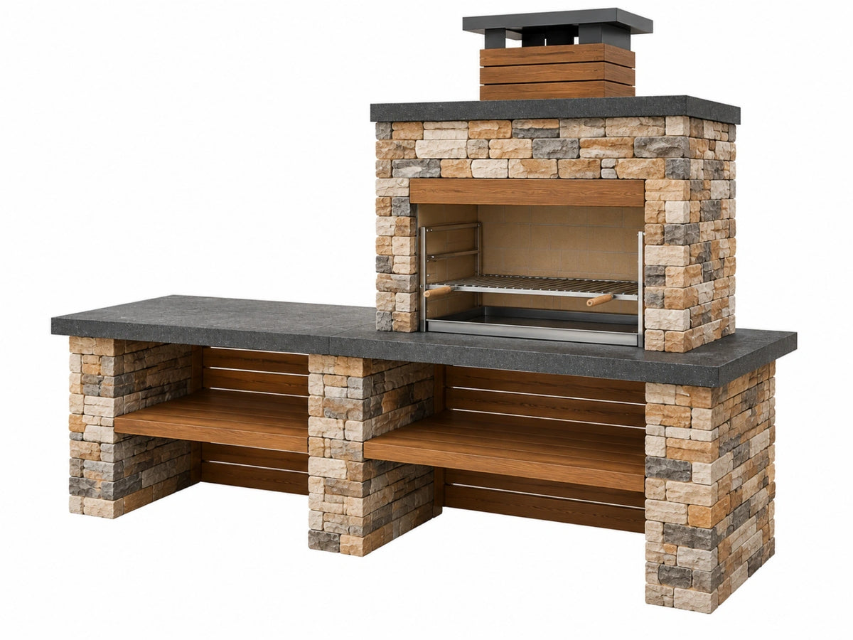 Cucina da esterno con barbecue 240 x 90 x 250 cm in pietra marrone e grigio con piano in pietra