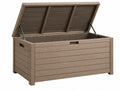 Cassapanca contenitore da esterno 120 x 60 x 63 cm in plastica marrone effetto legno con coperchio a pistoni