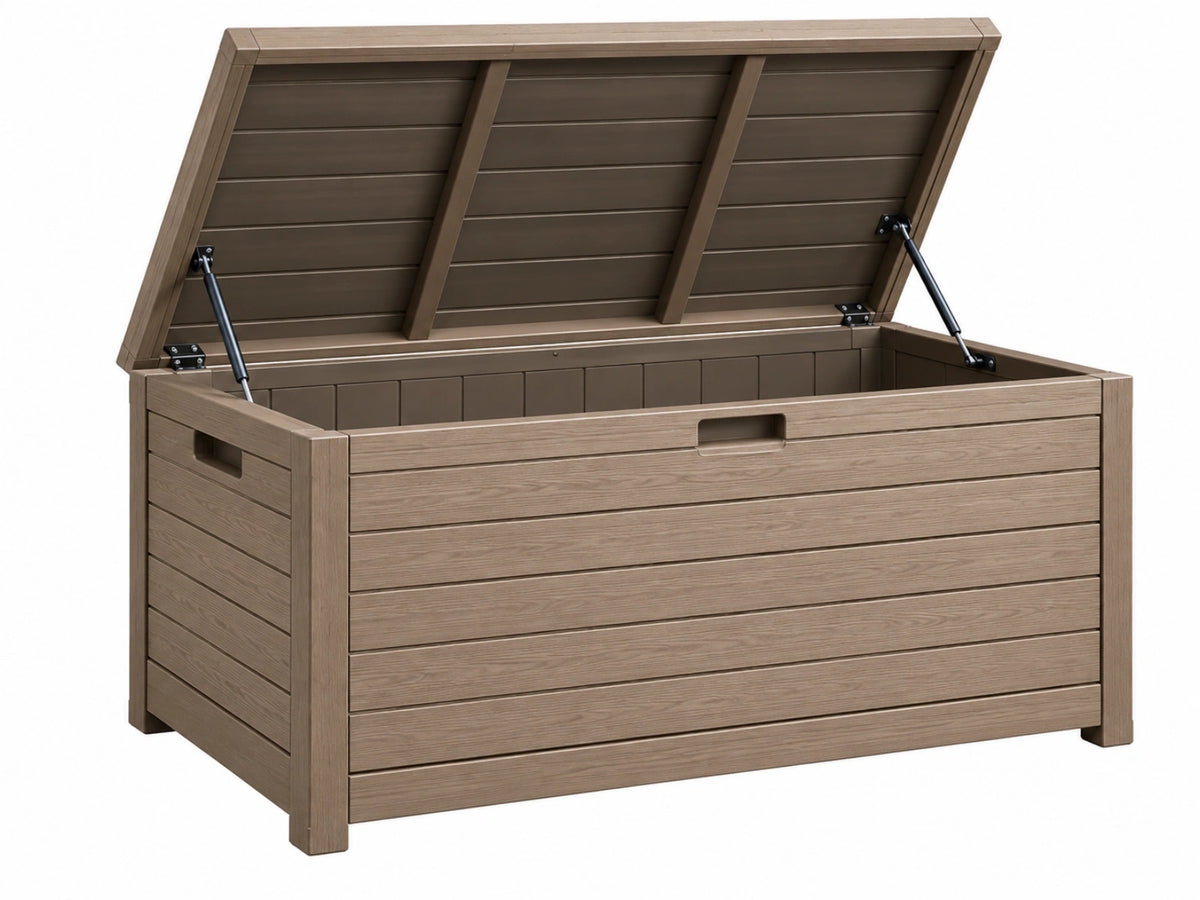 Cassapanca contenitore da esterno 120 x 60 x 63 cm in plastica marrone effetto legno con coperchio a pistoni