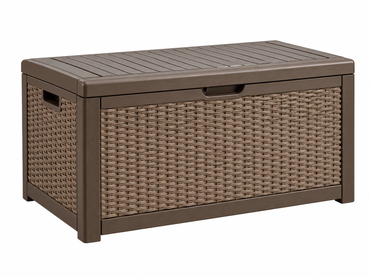 Cassapanca da esterno 120 x 55 x 60 cm in plastica marrone effetto rattan con coperchio