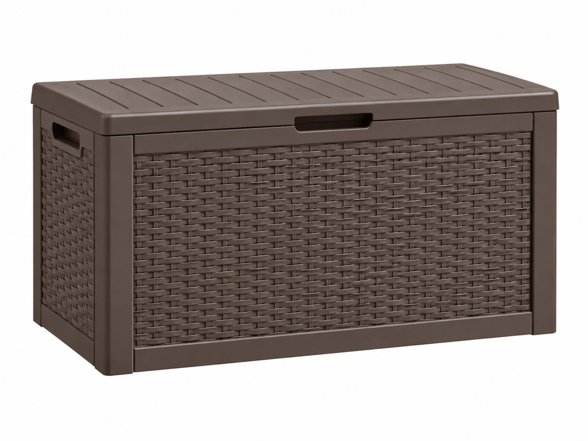 Baule da esterno 120 x 56 x 63 cm in plastica marrone effetto rattan con coperchio