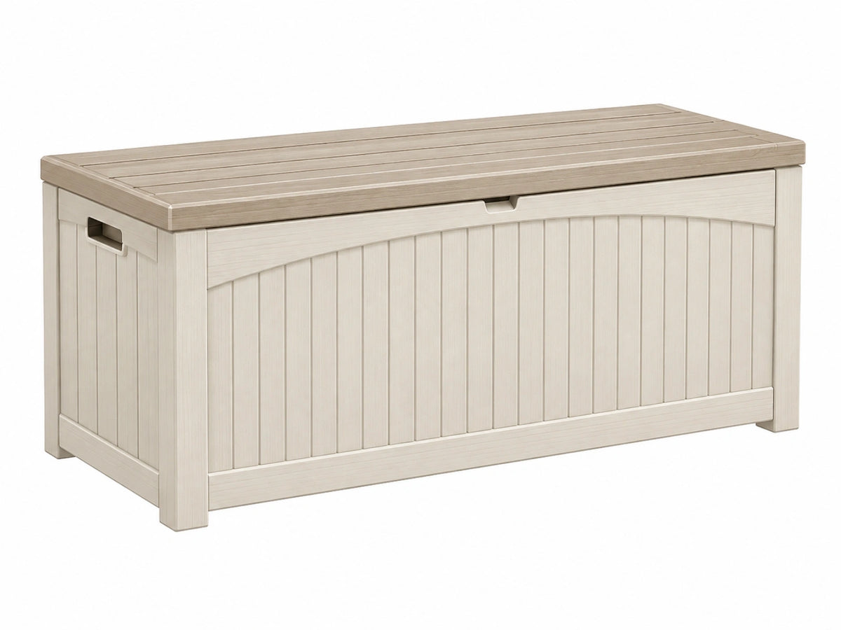 Cassapanca da esterno 130 x 60 x 63 cm in plastica beige effetto legno con seduta