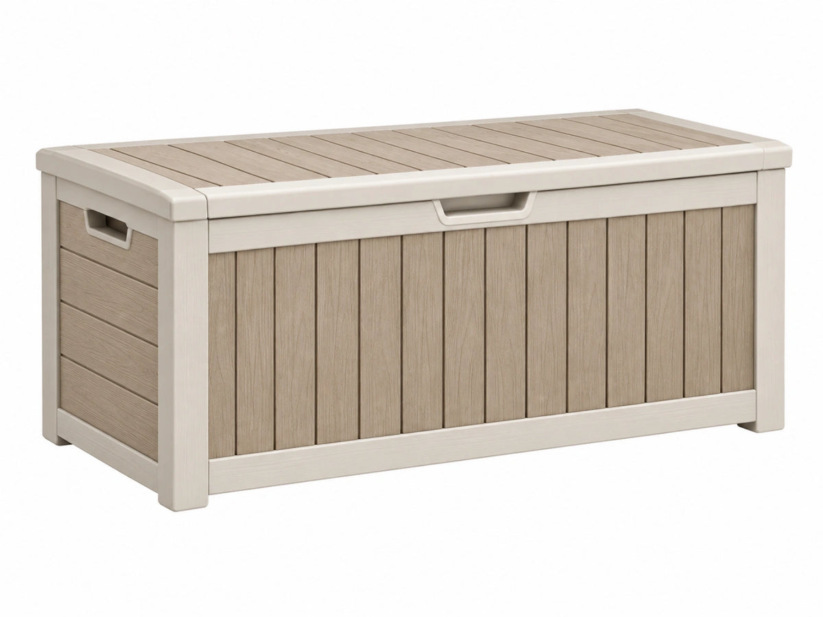 Cassapanca contenitore da esterno 120 x 60 x 63 cm in resina beige effetto legno