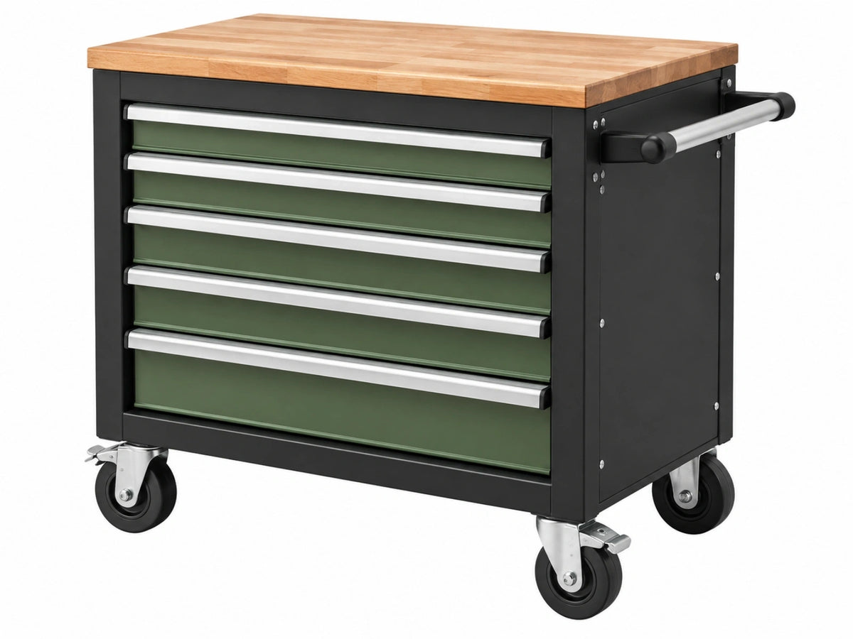 Carrello portautensili 100 x 55 x 95 cm in acciaio nero e verde con piano in legno e 5 cassetti