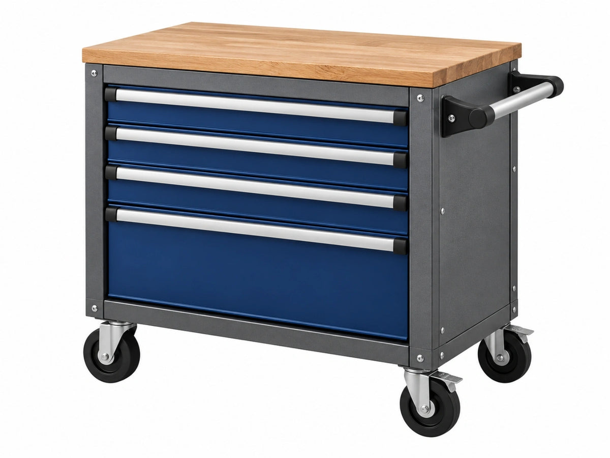 Carrello portautensili 80 x 50 x 95 cm in metallo blu con piano in legno e ruote
