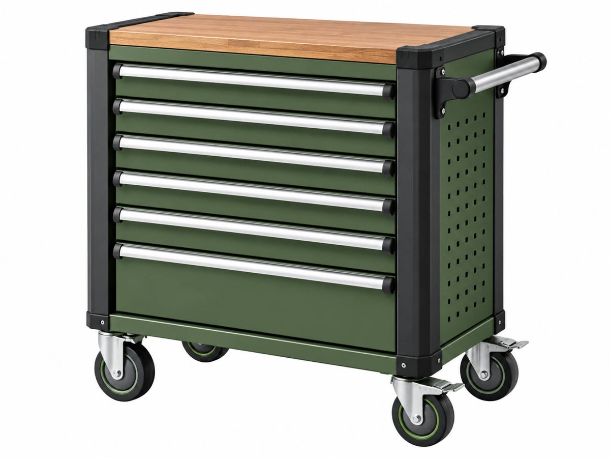 Carrello portautensili 77 x 46 x 95 cm in acciaio verde con 7 cassetti e piano in legno