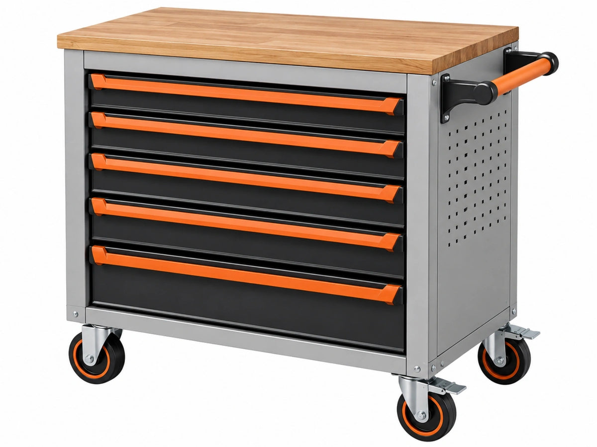 Cassettiera portautensili 100 x 50 x 95 cm in acciaio grigio nero e arancione con piano in legno e ruote