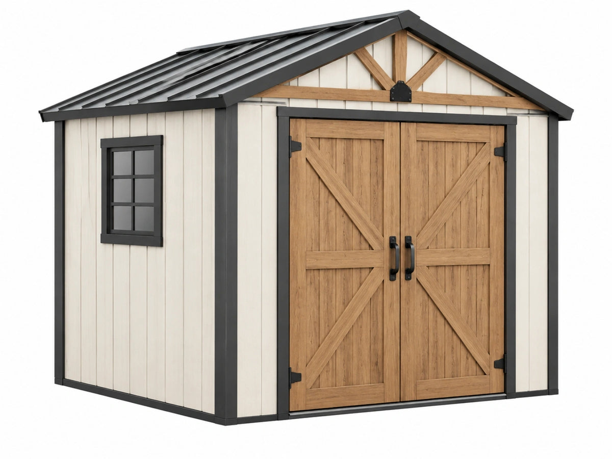 Casetta da giardino 240 x 180 x 220 cm in legno e metallo marrone beige con tetto nero stile rustico