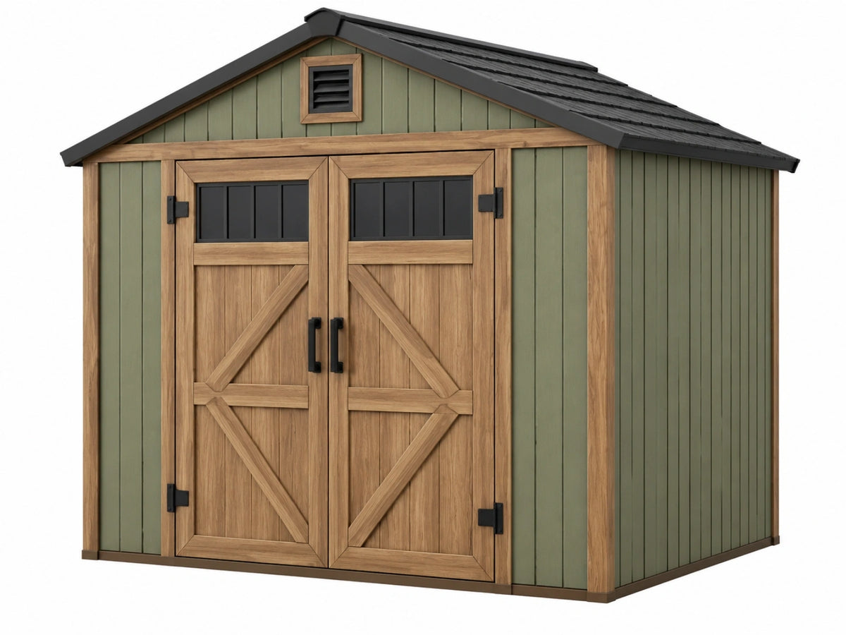 Casetta da giardino 240 x 180 x 220 cm in legno verde e naturale con doppia porta - stile rustico