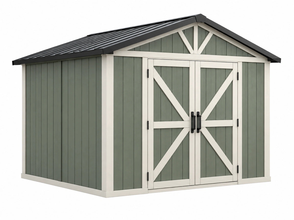 Casetta da giardino 244 x 183 x 226 cm in resina verde salvia e bianco - doppia porta stile rustico
